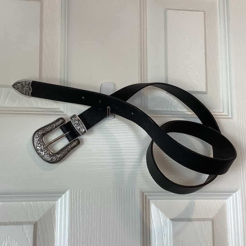 Black Leather Belt with Silver Buckle